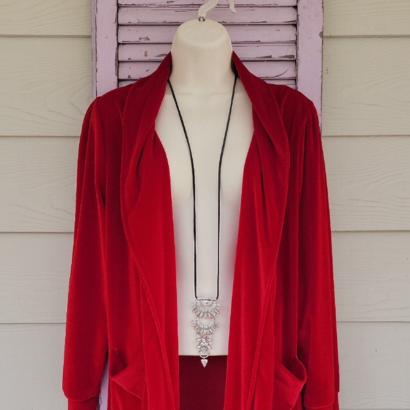 💗 Velour Long Open Front Unlined Long Sleeve Cardigan Duster Red L NWOT - Picture 5 of 10